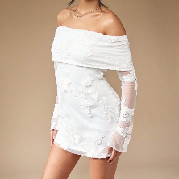 White Elegant Womens Embroidered Flap Off Shoulder Bardot Long Sleeve Mini Dress - Picture 5 of 7